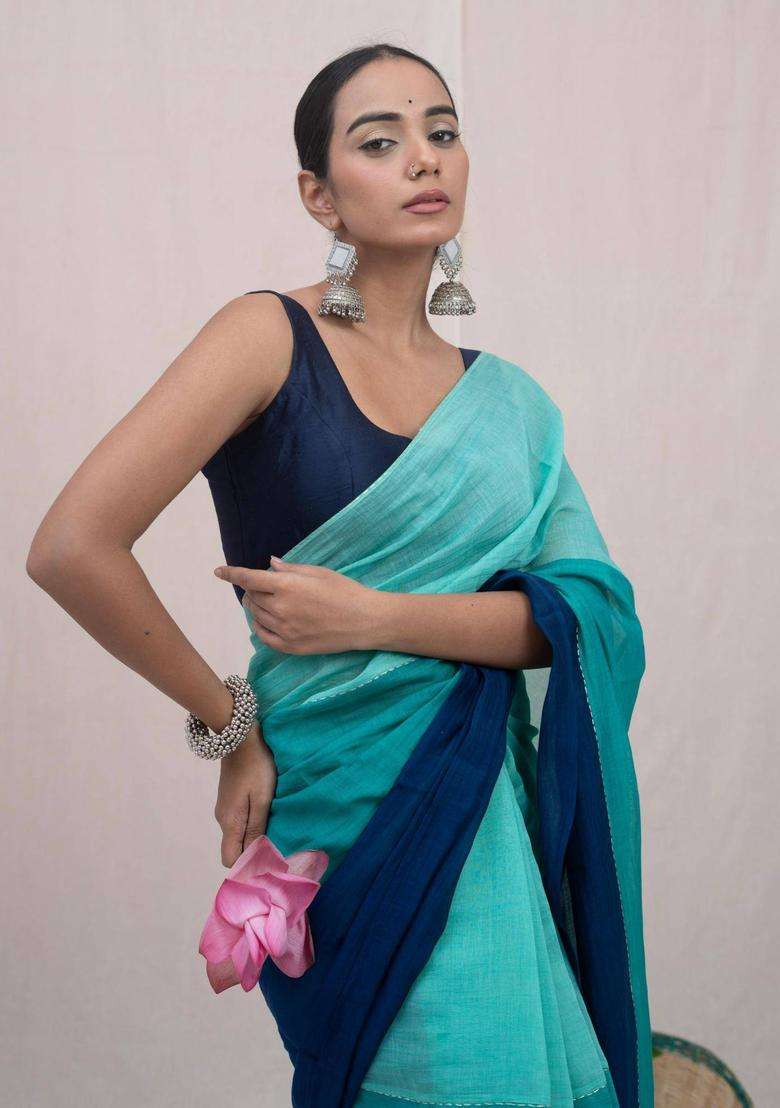 Ganga Aqua Chanderi Silk Saree without Blouse for Women Casual Wear - Indya