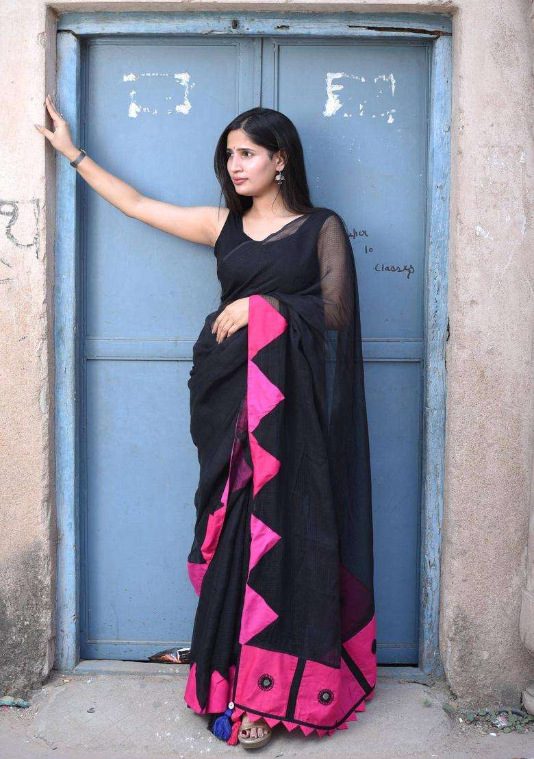 Gulabo Black Cotton Saree without Blouse for Women Casual Wear - Indya