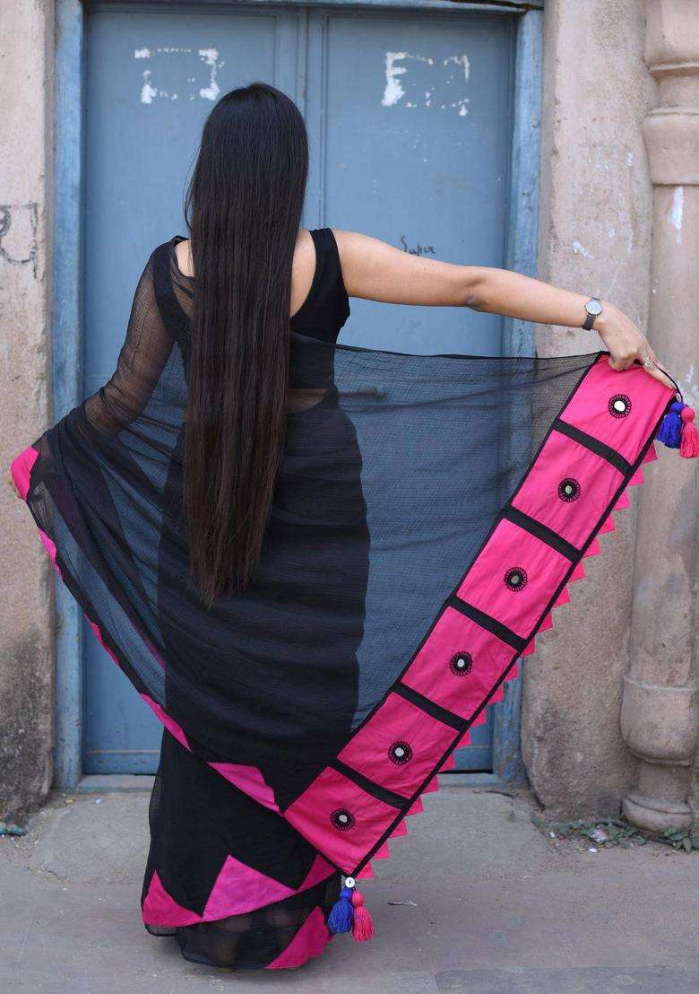 Gulabo Black Cotton Saree without Blouse for Women Casual Wear - Indya
