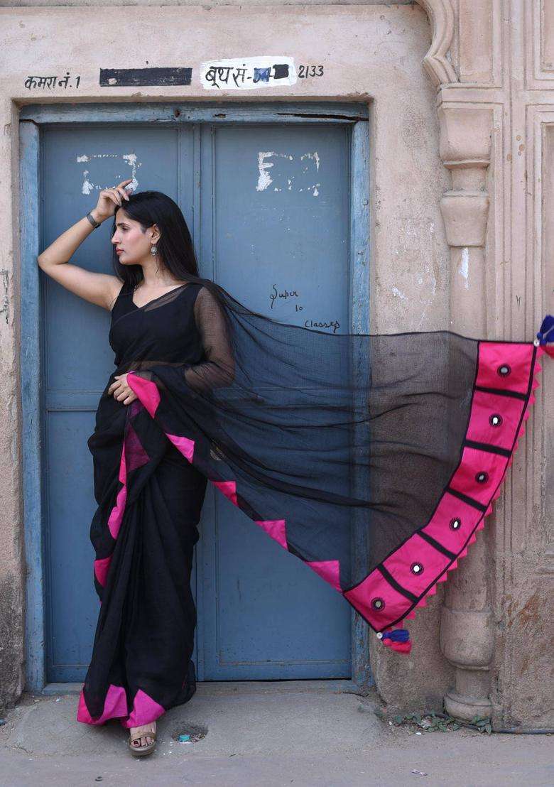 Gulabo Black Cotton Saree without Blouse for Women Casual Wear - Indya