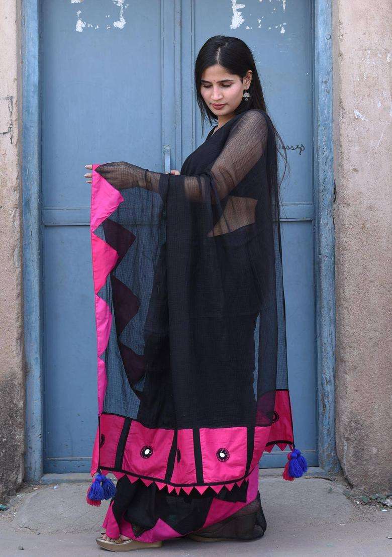 Gulabo Black Cotton Saree without Blouse for Women Casual Wear - Indya