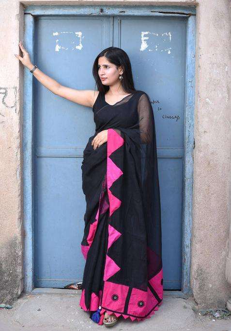 Gulabo Black Cotton Saree without Blouse for Women Casual Wear