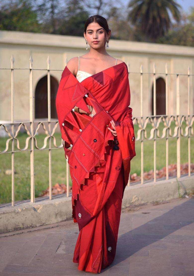 Kumkum Red Cotton Saree without Blouse for Women Festive Wear - Indya