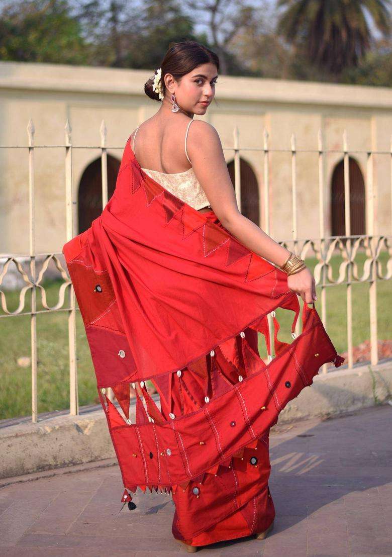 Kumkum Red Cotton Saree without Blouse for Women Festive Wear - Indya