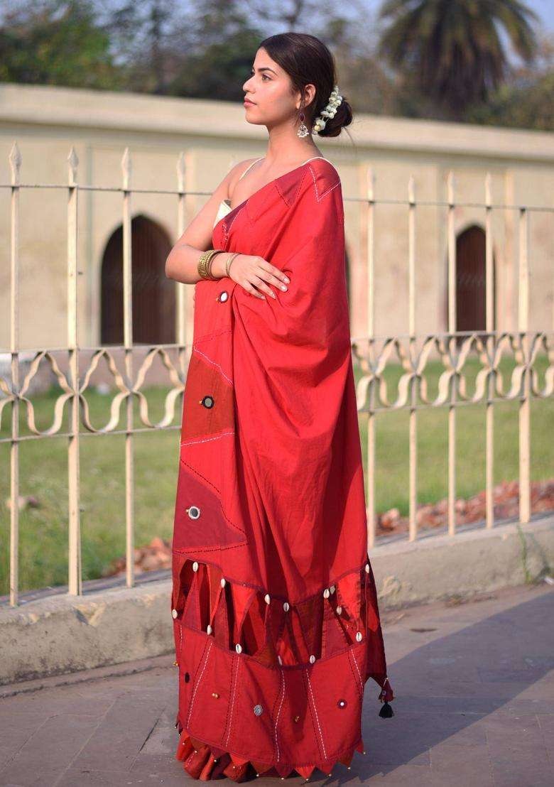 Kumkum Red Cotton Saree without Blouse for Women Festive Wear - Indya
