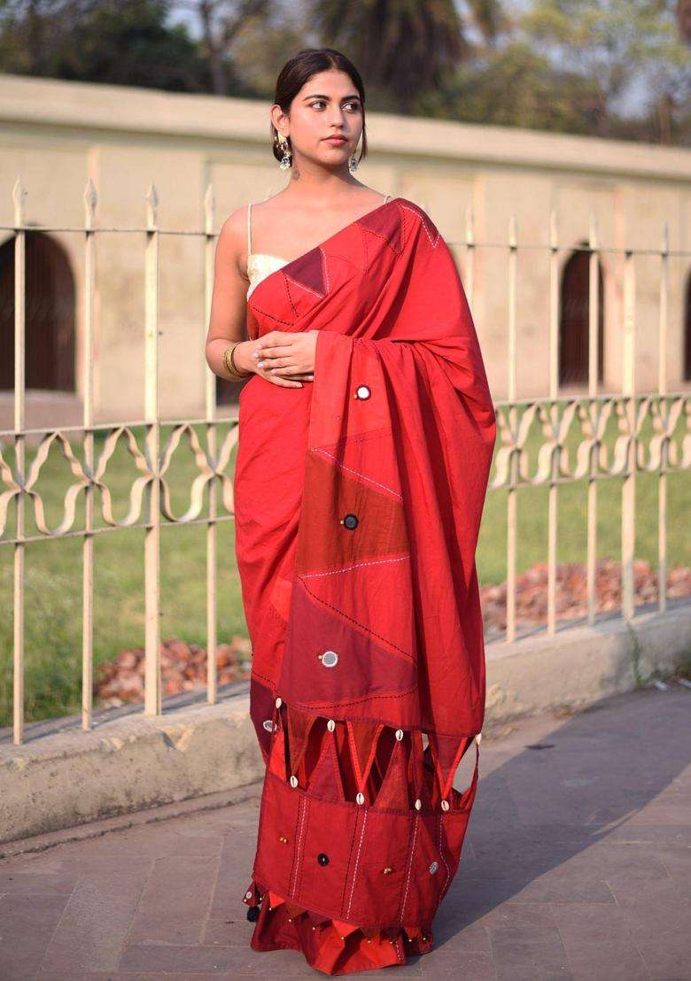 Kumkum Red Cotton Saree without Blouse for Women Festive Wear - Indya