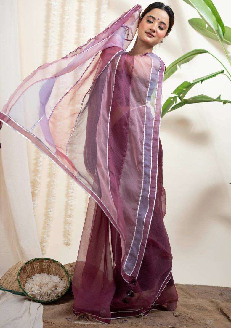 Leher Purple Organza Silk Saree without Blouse for Women Casual Wear - Indya