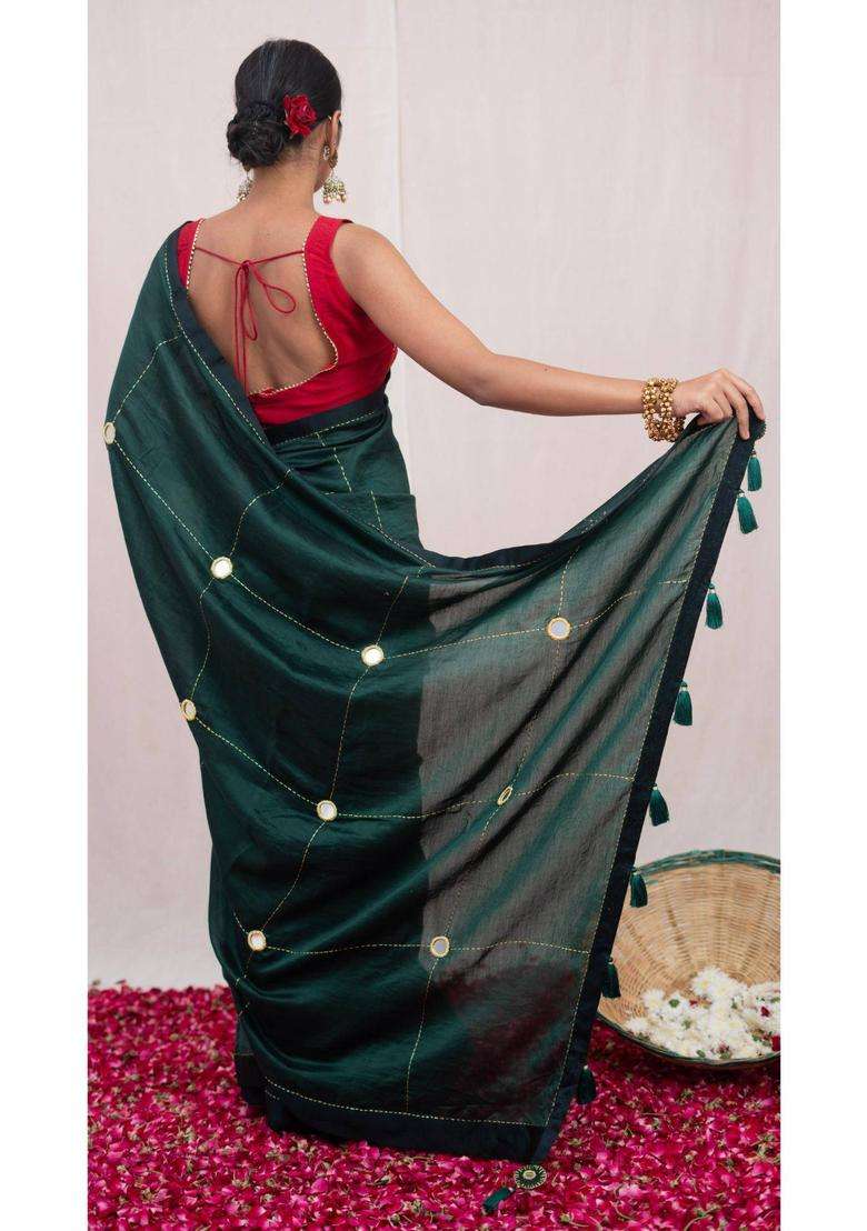 Mastani Green Chanderi Silk Saree without Blouse for Women Festive Wear - Indya