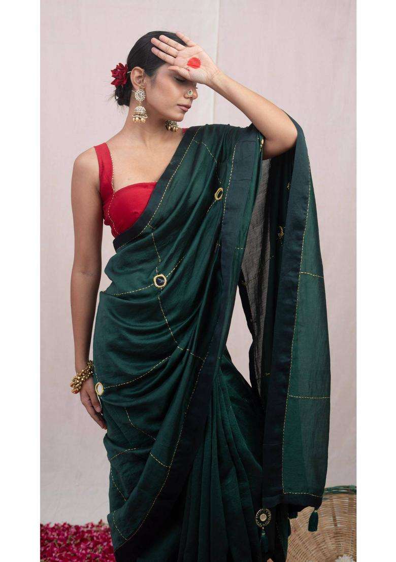 Mastani Green Chanderi Silk Saree without Blouse for Women Festive Wear - Indya