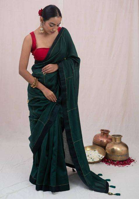 Mastani Green Chanderi Silk Saree without Blouse for Women Festive Wear