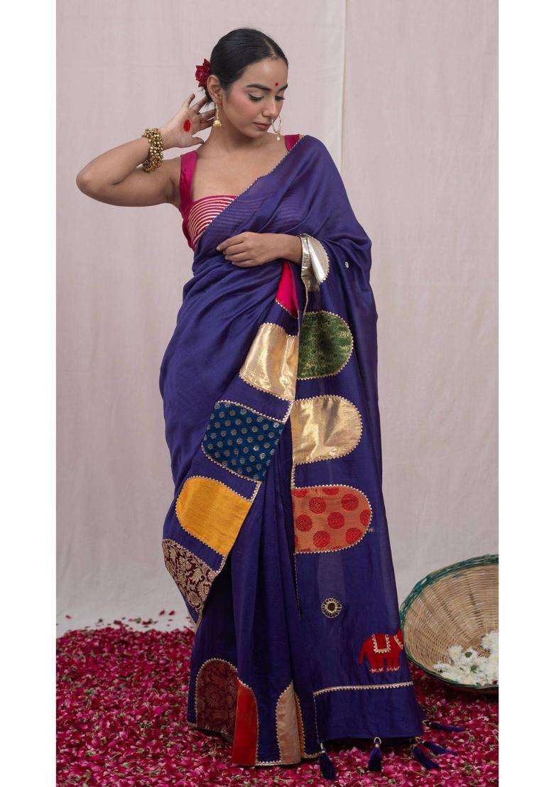 Paaro Purple Chanderi Silk Saree without Blouse for Women Party Wear - Indya