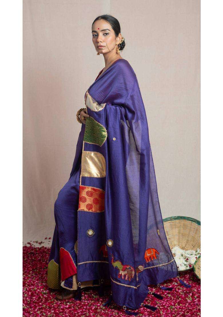Paaro Purple Chanderi Silk Saree without Blouse for Women Party Wear - Indya