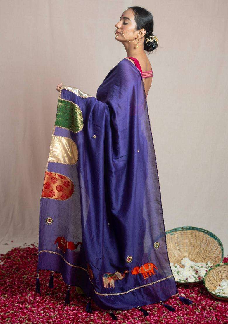 Paaro Purple Chanderi Silk Saree without Blouse for Women Party Wear - Indya