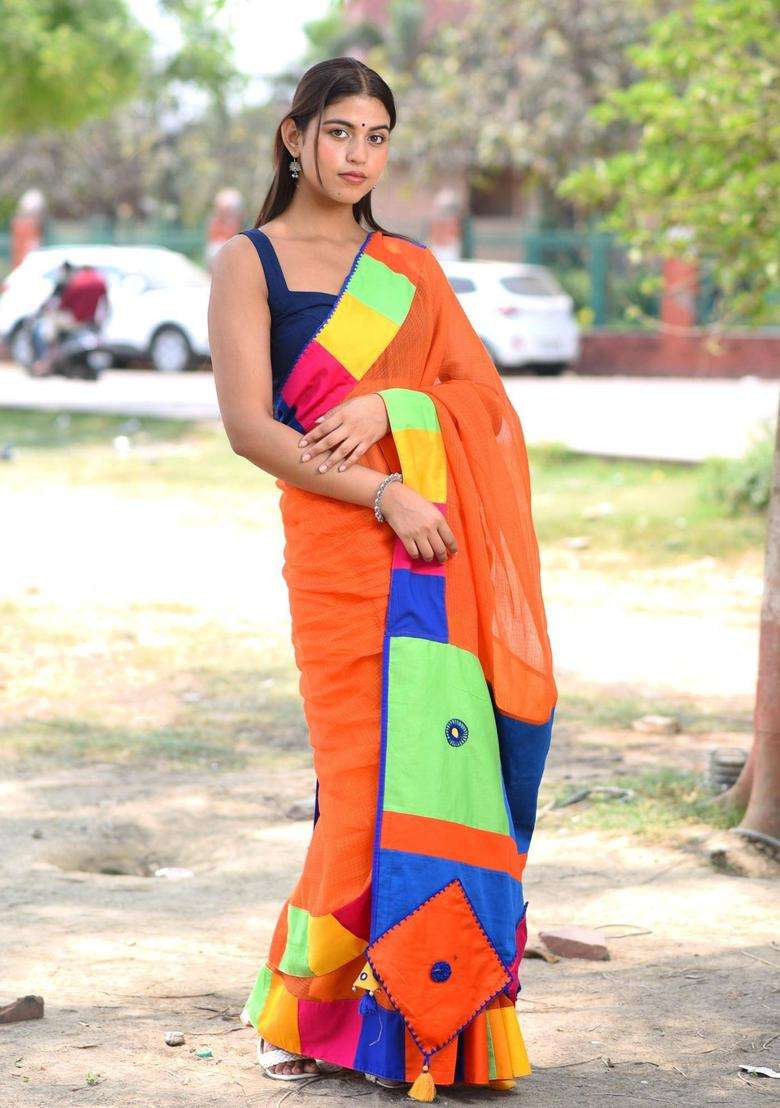 Patang Orange Silk Saree without Blouse for Women Festive Wear - Indya