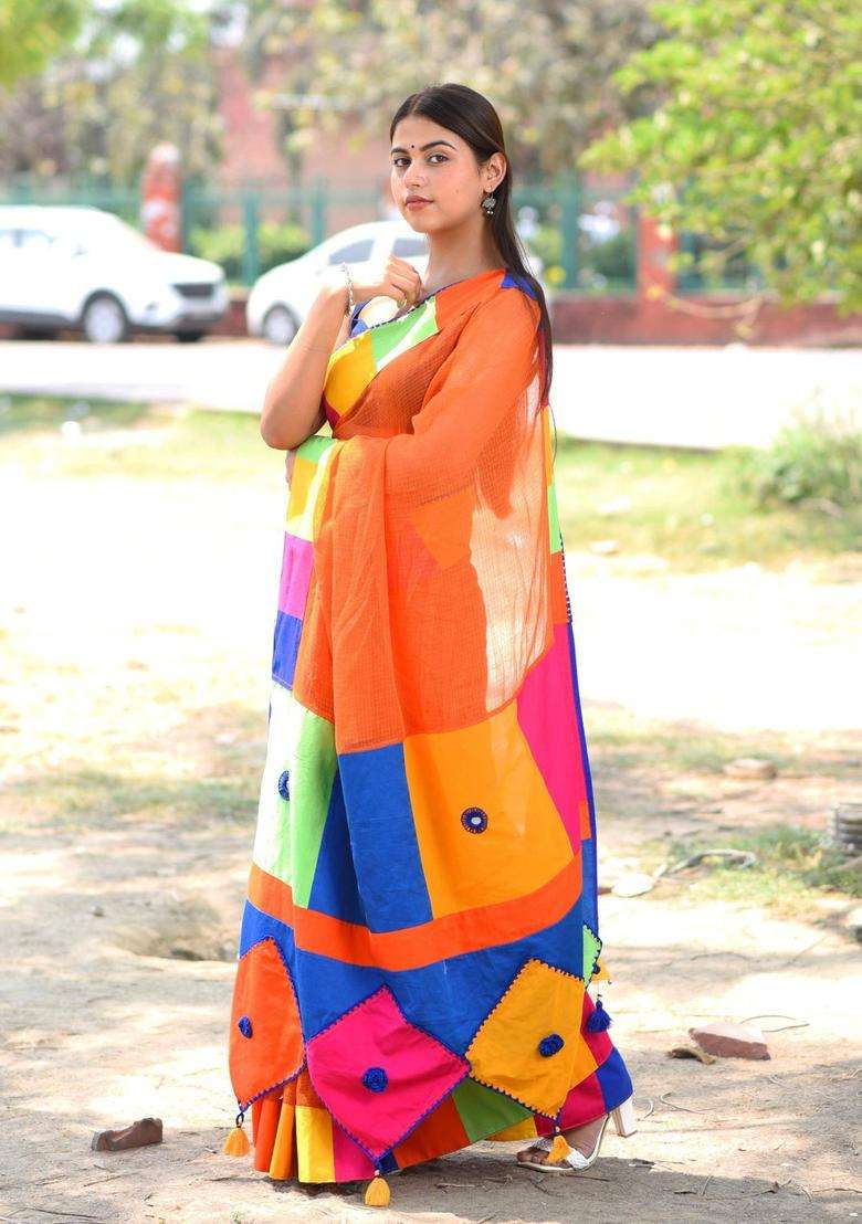 Patang Orange Silk Saree without Blouse for Women Festive Wear - Indya