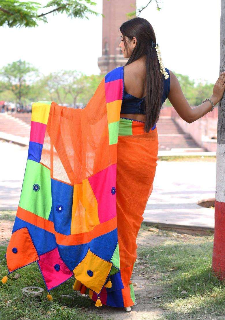 Patang Orange Silk Saree without Blouse for Women Festive Wear - Indya