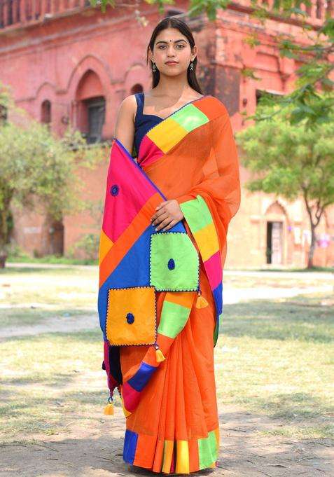 Patang Orange Silk Saree without Blouse for Women Festive Wear