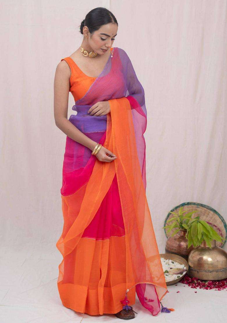 Sajni Orange Organza Silk Saree without Blouse for Women Festive Wear - Indya