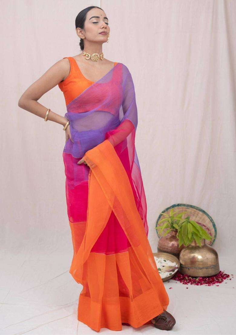 Sajni Orange Organza Silk Saree without Blouse for Women Festive Wear - Indya