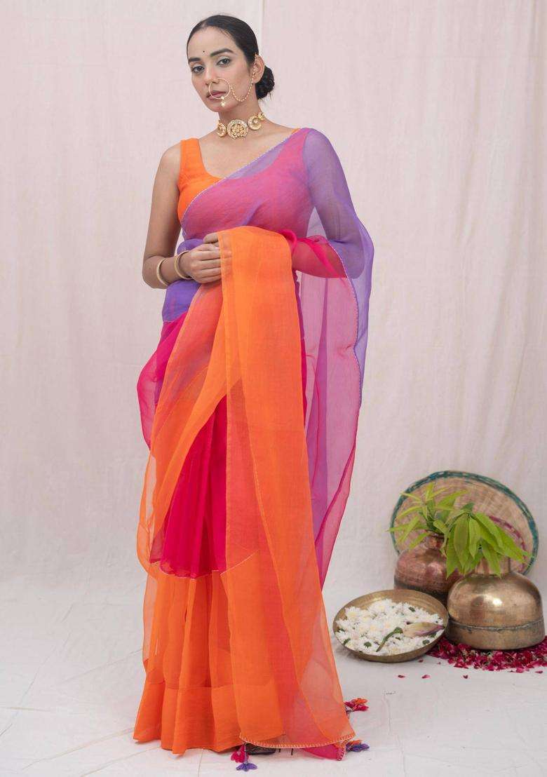 Sajni Orange Organza Silk Saree without Blouse for Women Festive Wear - Indya