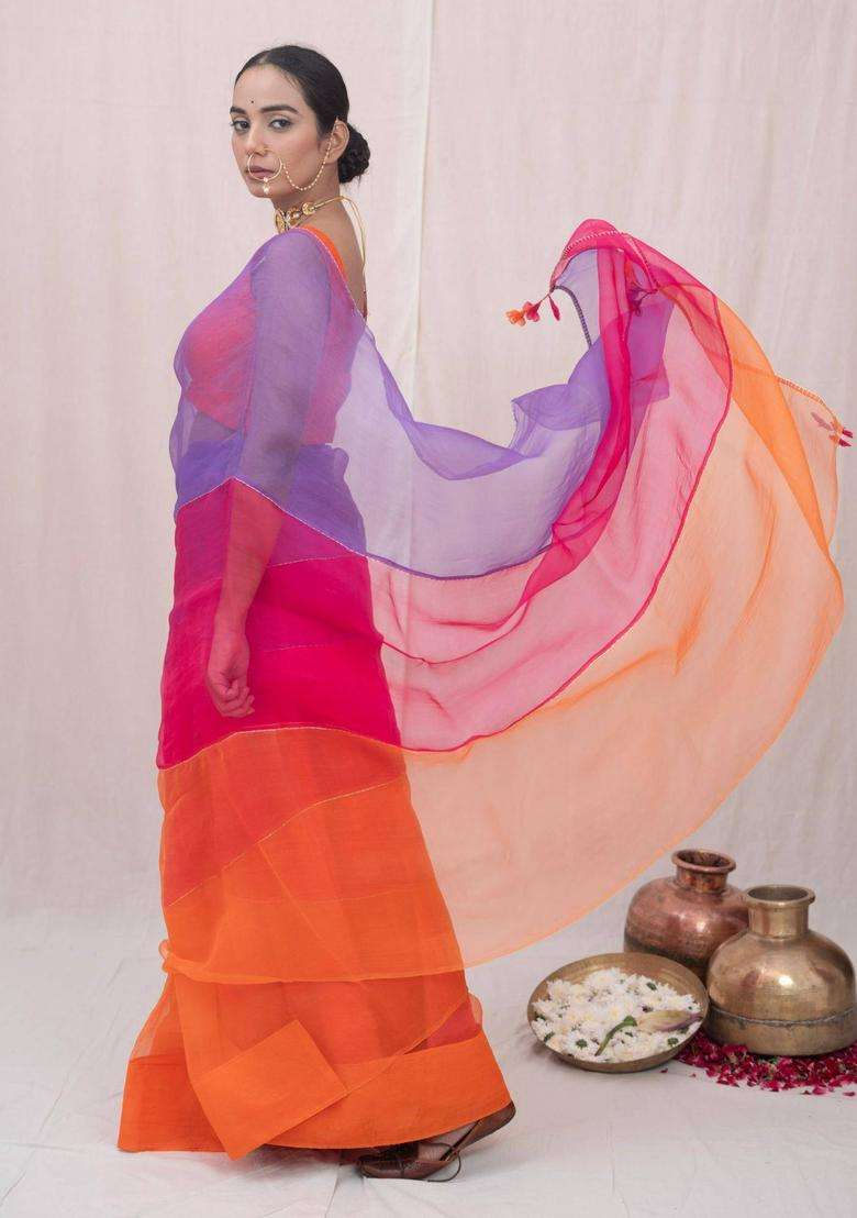 Sajni Orange Organza Silk Saree without Blouse for Women Festive Wear - Indya