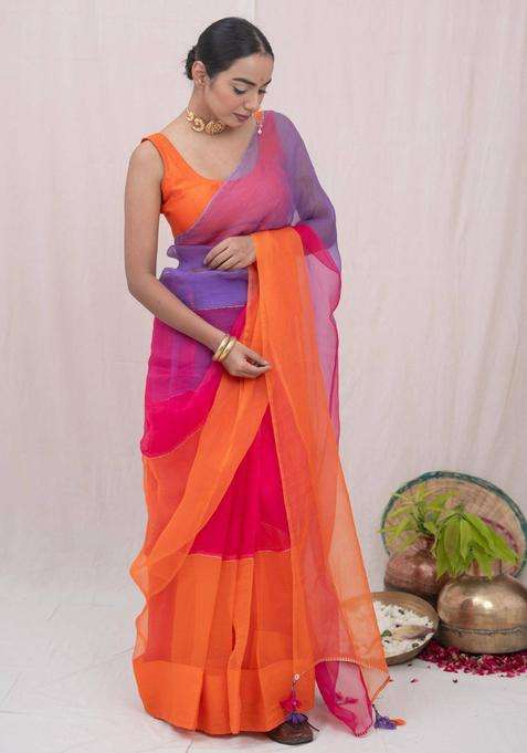 Sajni Orange Organza Silk Saree without Blouse for Women Festive Wear