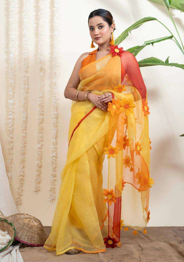 Surajmukhi Yellow Organza Silk Saree without Blouse for Women Festive Wear - Indya