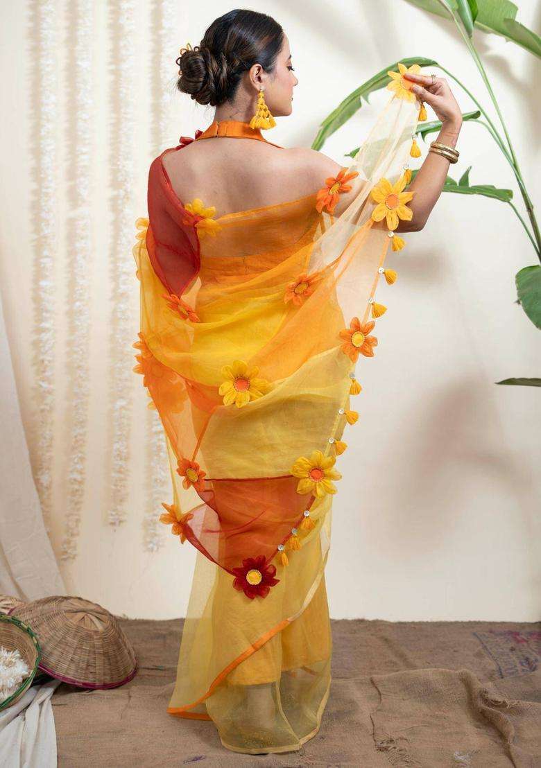 Surajmukhi Yellow Organza Silk Saree without Blouse for Women Festive Wear - Indya