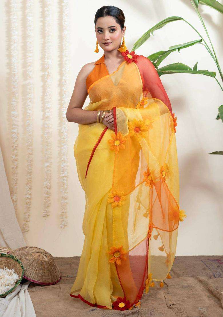 Surajmukhi Yellow Organza Silk Saree without Blouse for Women Festive Wear - Indya