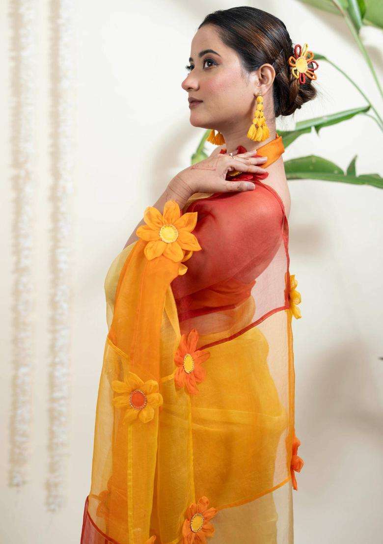 Surajmukhi Yellow Organza Silk Saree without Blouse for Women Festive Wear - Indya