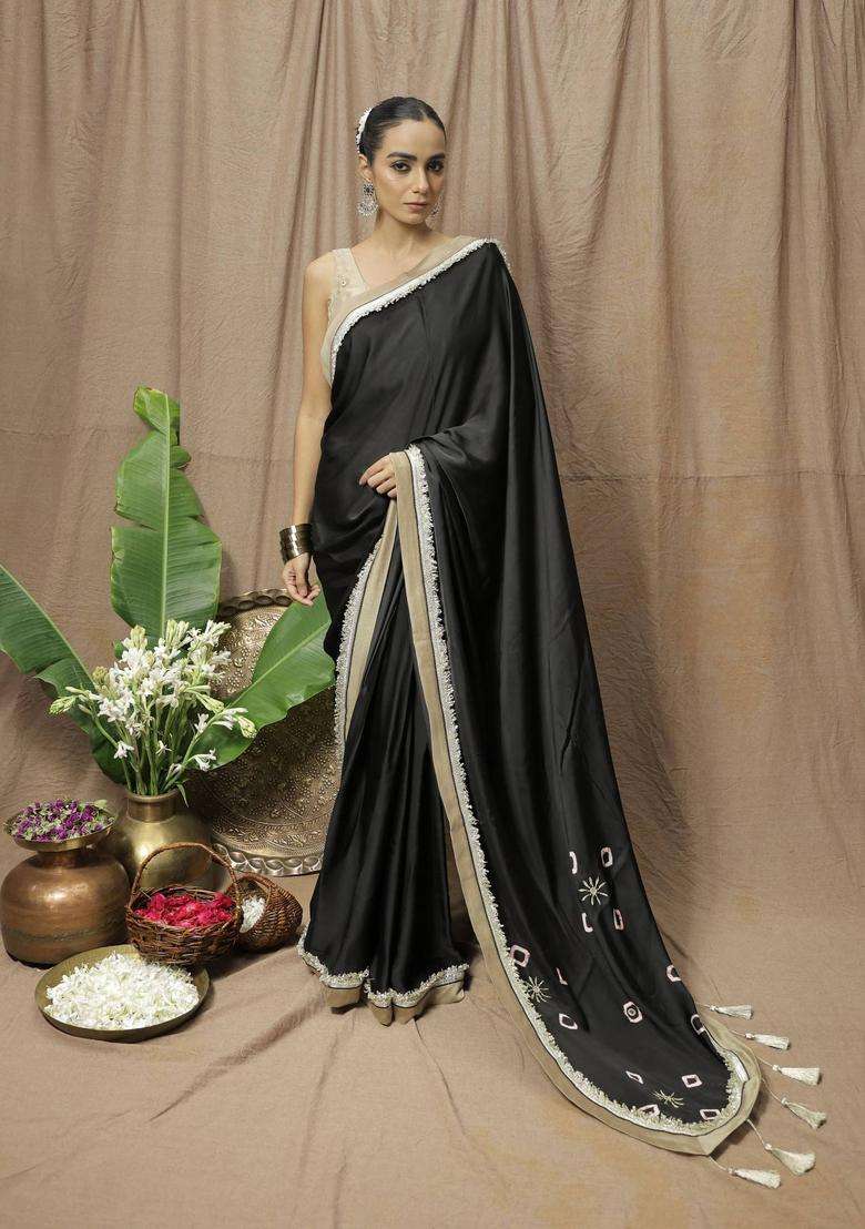 Black Modal Embroidered Saree without Blouse for Women Festive Wear - Indya