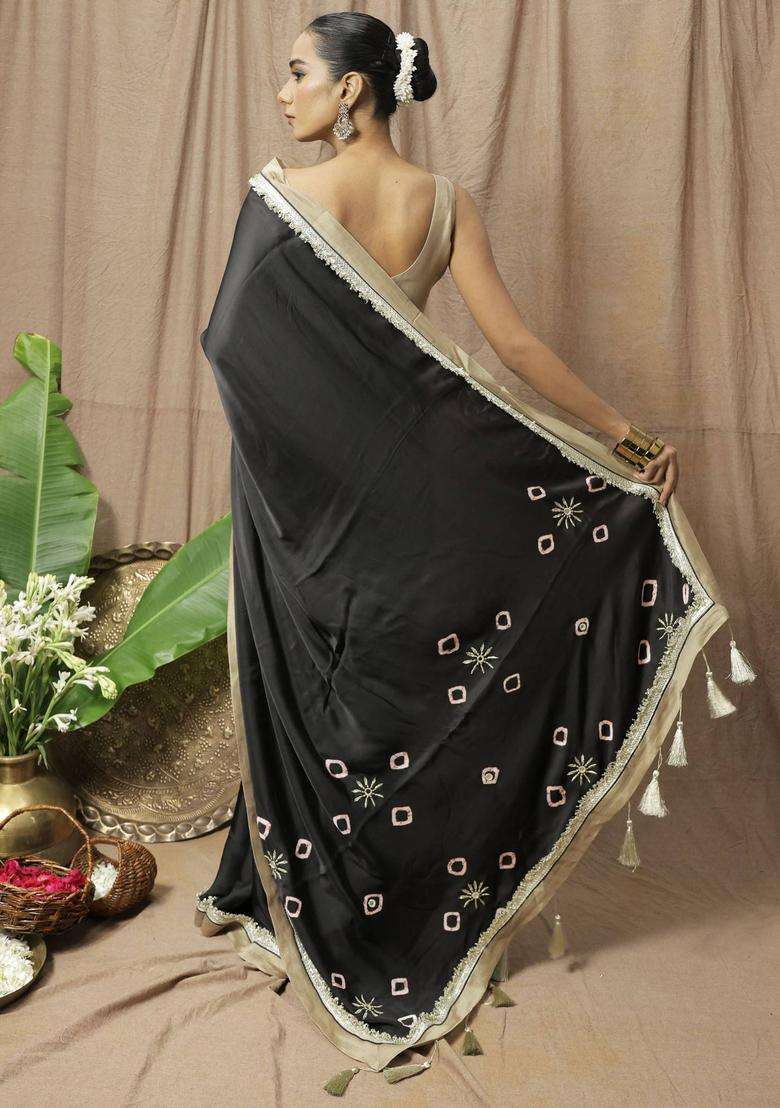Black Modal Embroidered Saree without Blouse for Women Festive Wear - Indya