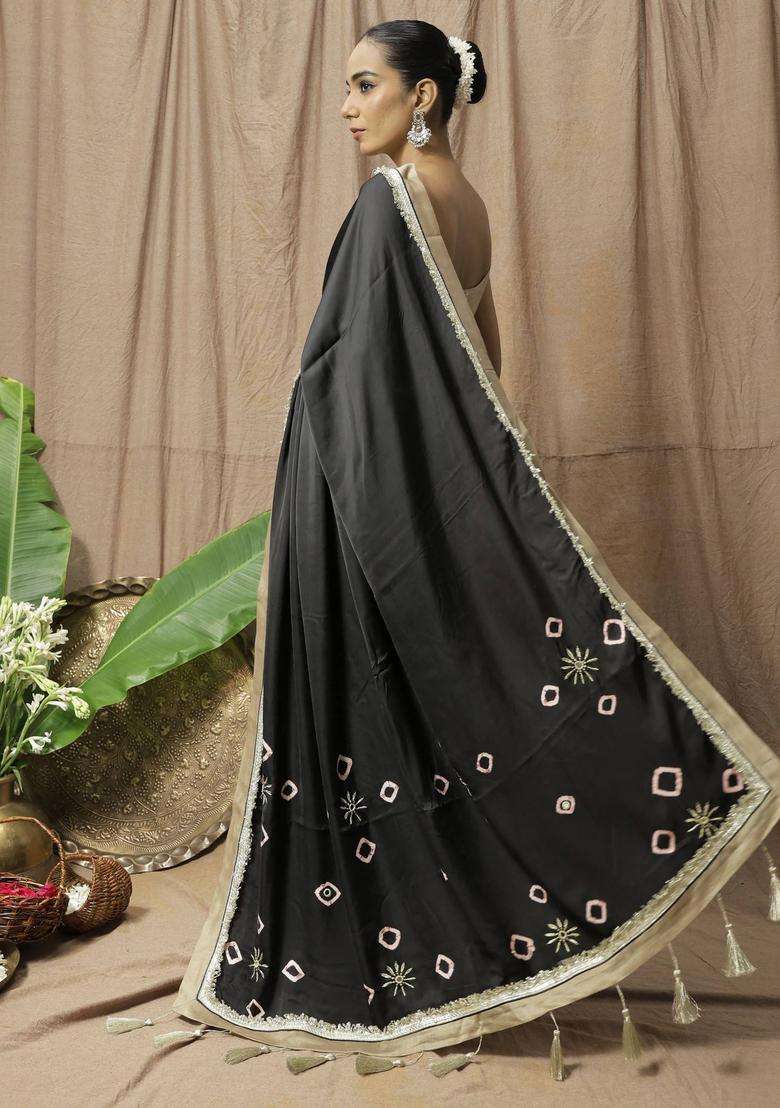Black Modal Embroidered Saree without Blouse for Women Festive Wear - Indya