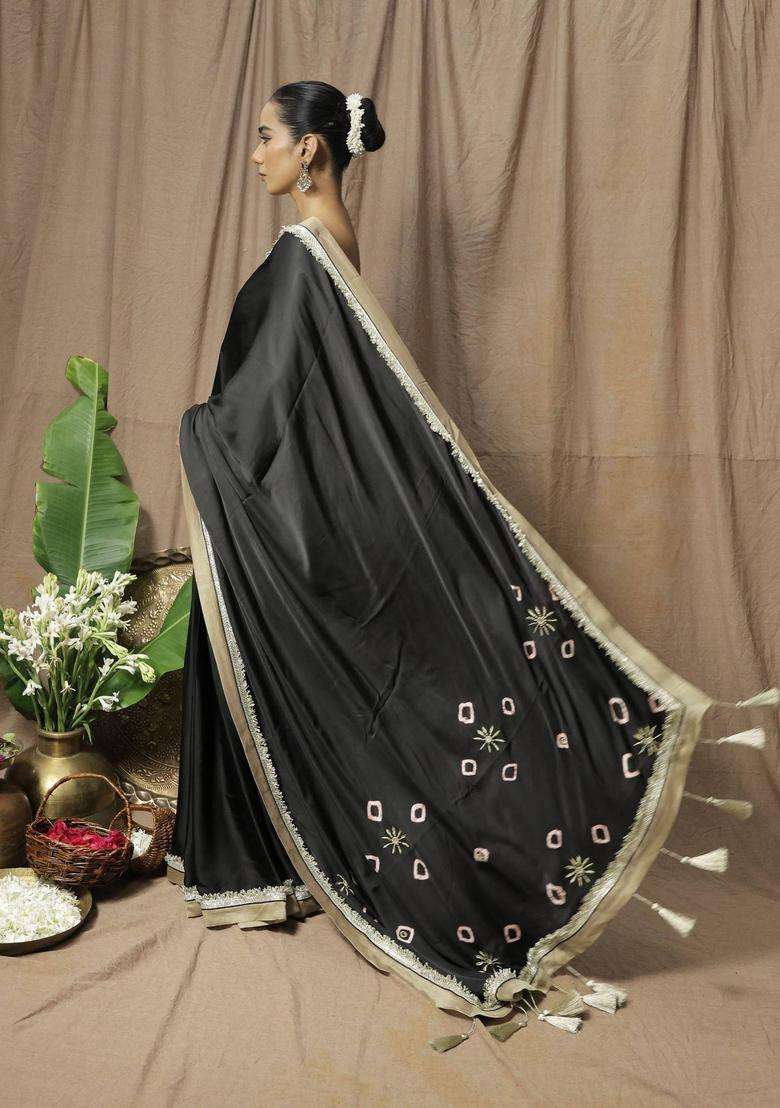 Black Modal Embroidered Saree without Blouse for Women Festive Wear - Indya