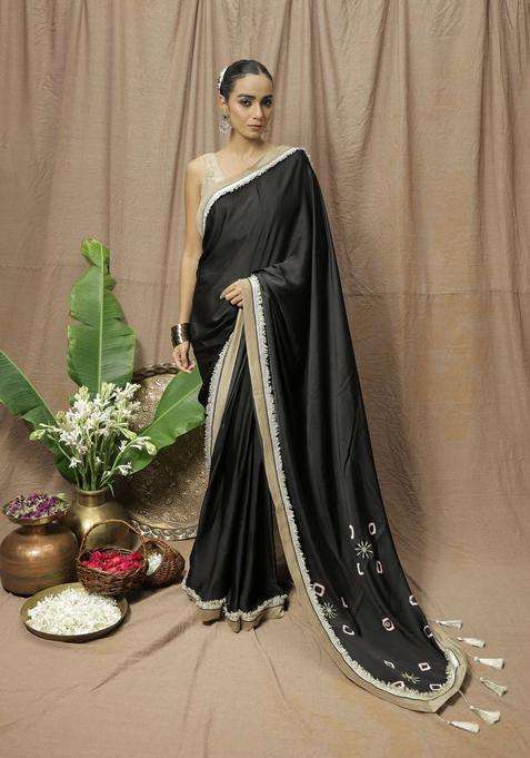 Black Modal Embroidered Saree without Blouse for Women Festive Wear