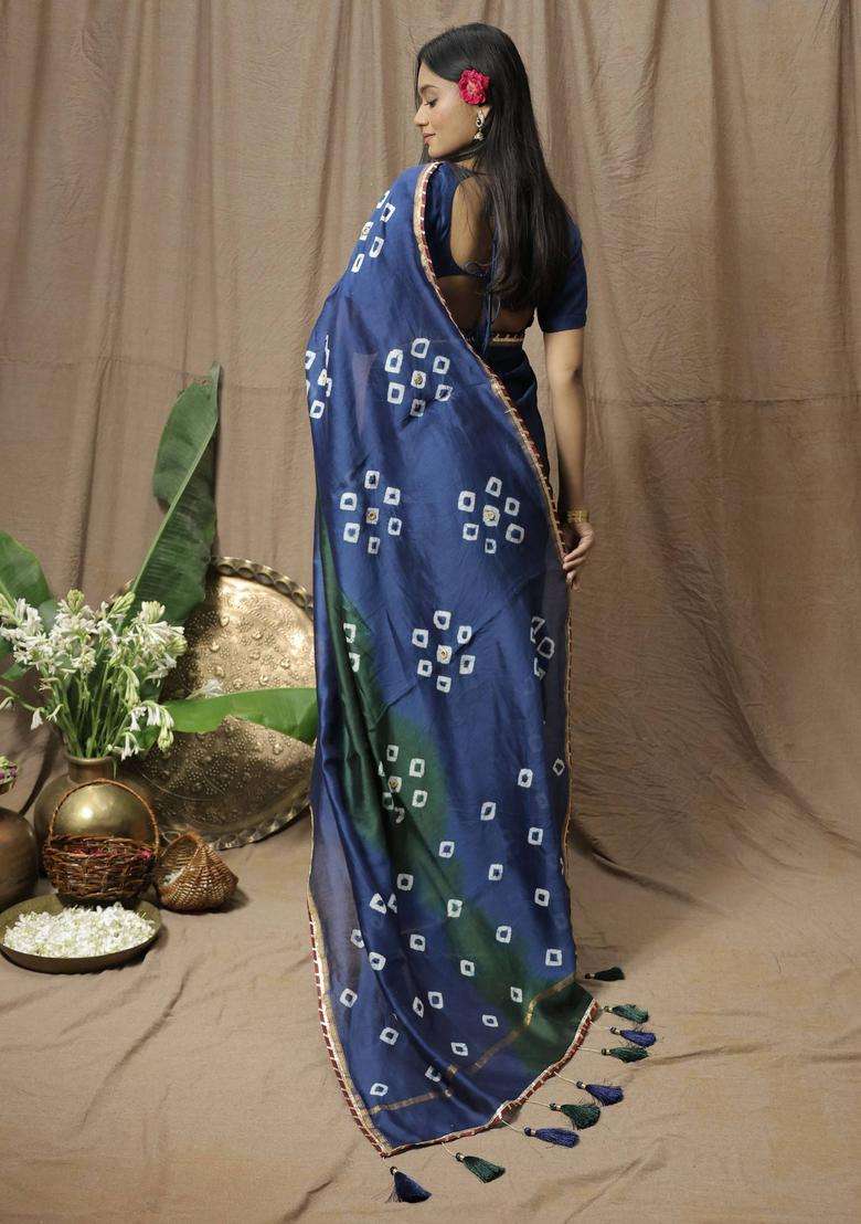 Blue Chanderi Silk Printed Saree without Blouse for Women Festive Wear - Indya