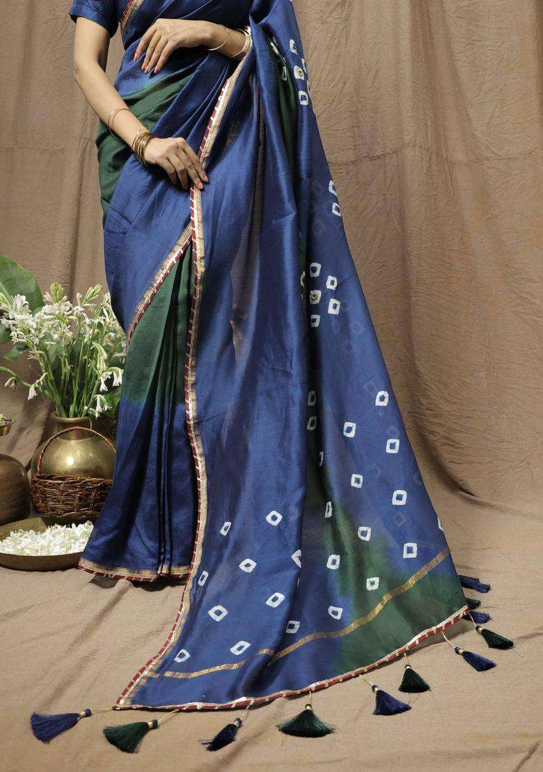 Blue Chanderi Silk Printed Saree without Blouse for Women Festive Wear - Indya