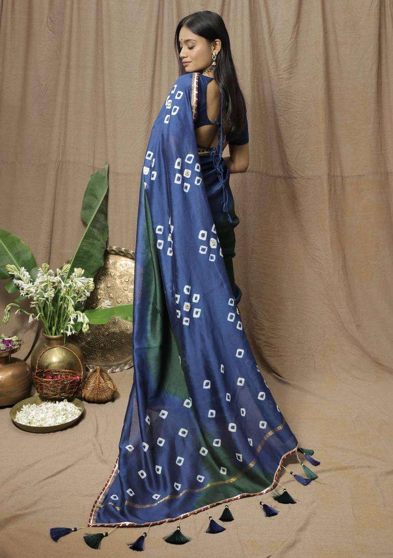 Blue Chanderi Silk Printed Saree without Blouse for Women Festive Wear - Indya
