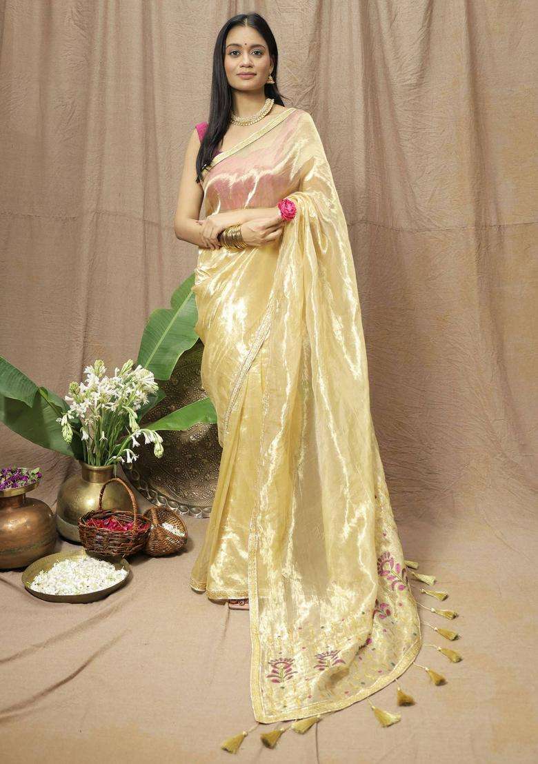 Gold Chanderi Silk Embroidered Saree without Blouse for Women Festive Wear - Indya