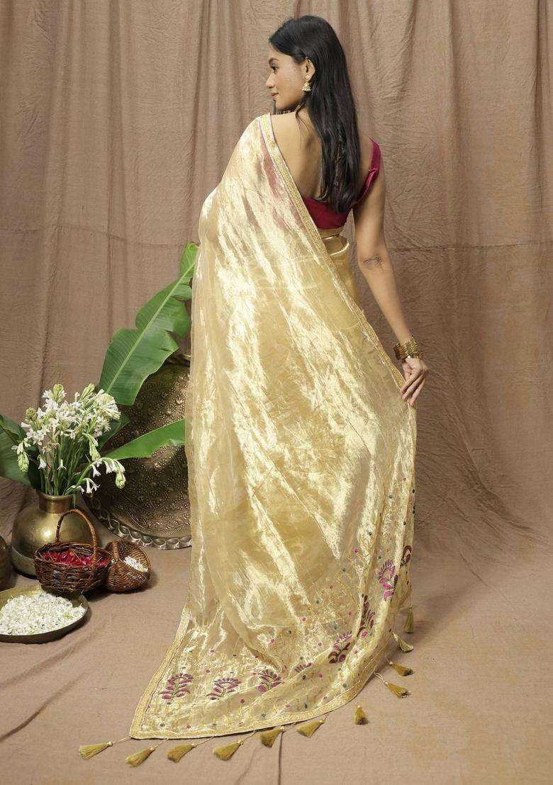 Gold Chanderi Silk Embroidered Saree without Blouse for Women Festive Wear - Indya