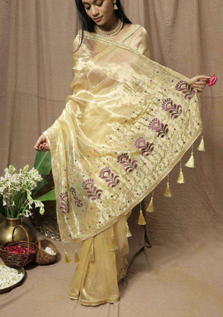 Gold Chanderi Silk Embroidered Saree without Blouse for Women Festive Wear - Indya
