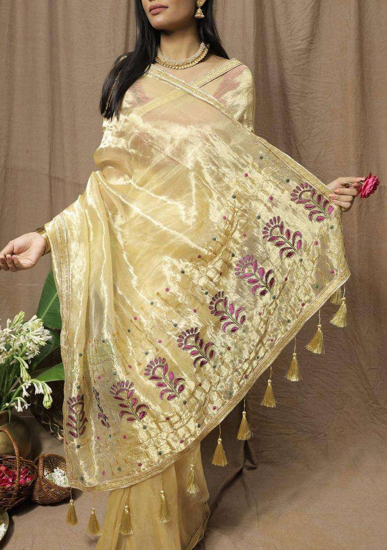 Gold Chanderi Silk Embroidered Saree without Blouse for Women Festive Wear - Indya