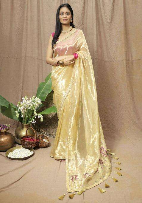 Gold Chanderi Silk Embroidered Saree without Blouse for Women Festive Wear