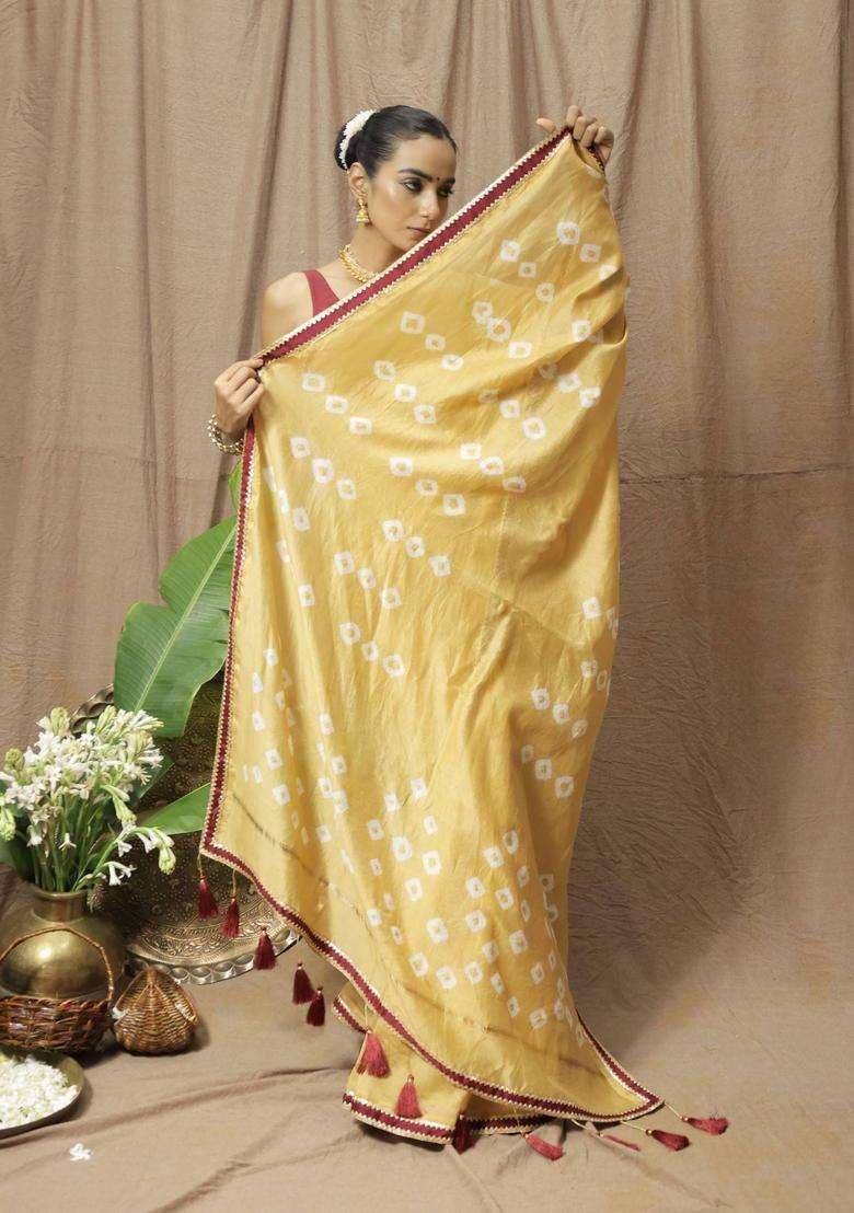 Gold Chanderi Silk Printed Saree without Blouse for Women Festive Wear - Indya