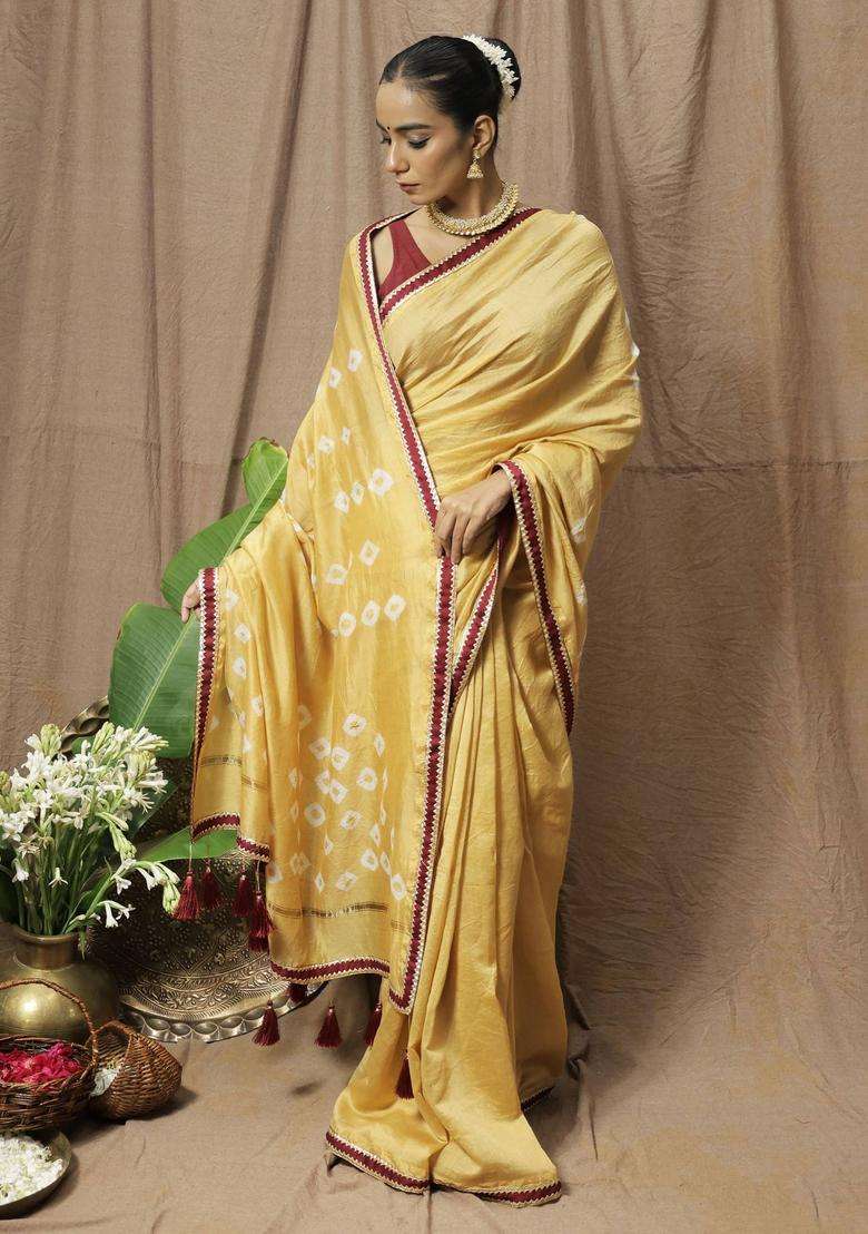 Gold Chanderi Silk Printed Saree without Blouse for Women Festive Wear - Indya