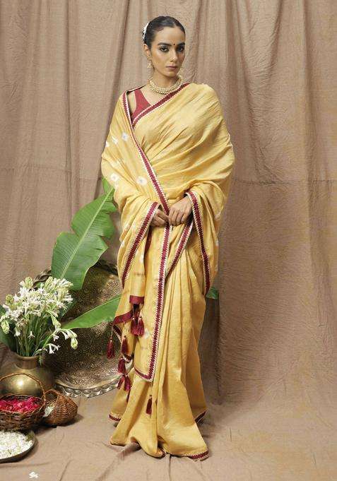 Gold Chanderi Silk Printed Saree without Blouse for Women Festive Wear