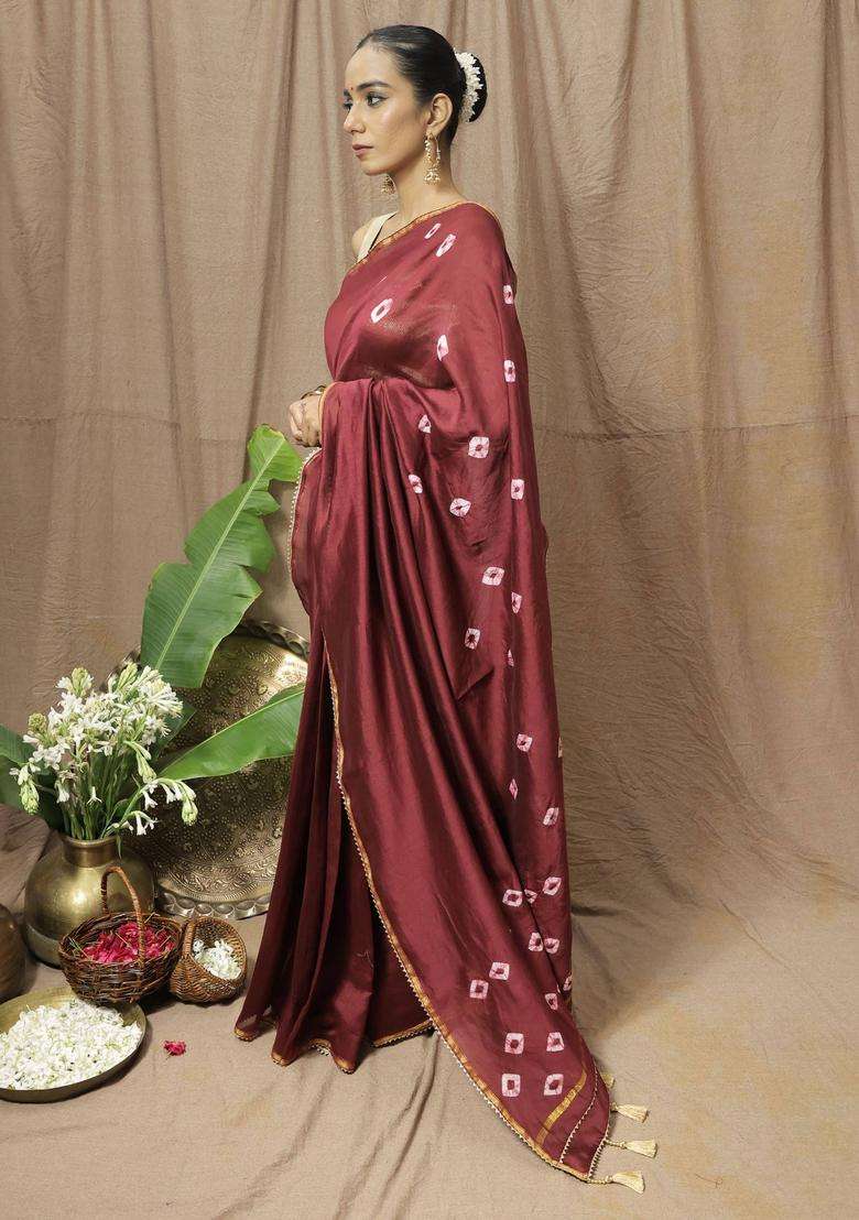 Maroon Chanderi Silk Printed Saree without Blouse for Women Festive Wear - Indya