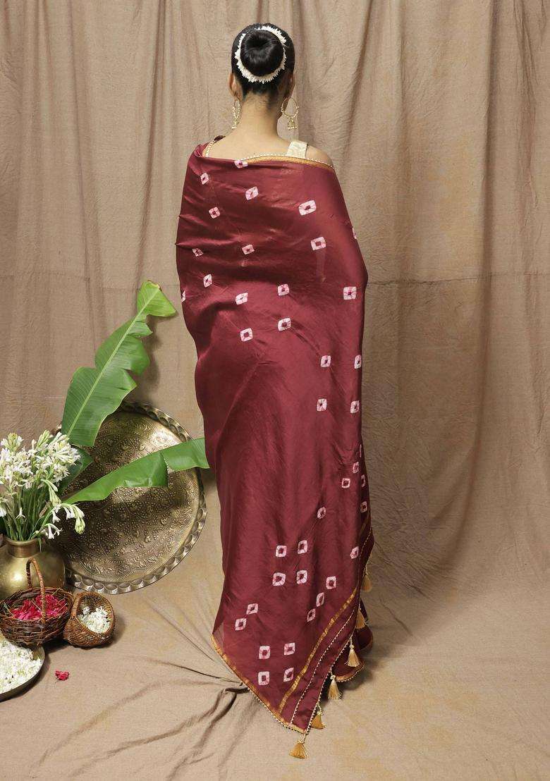 Maroon Chanderi Silk Printed Saree without Blouse for Women Festive Wear - Indya