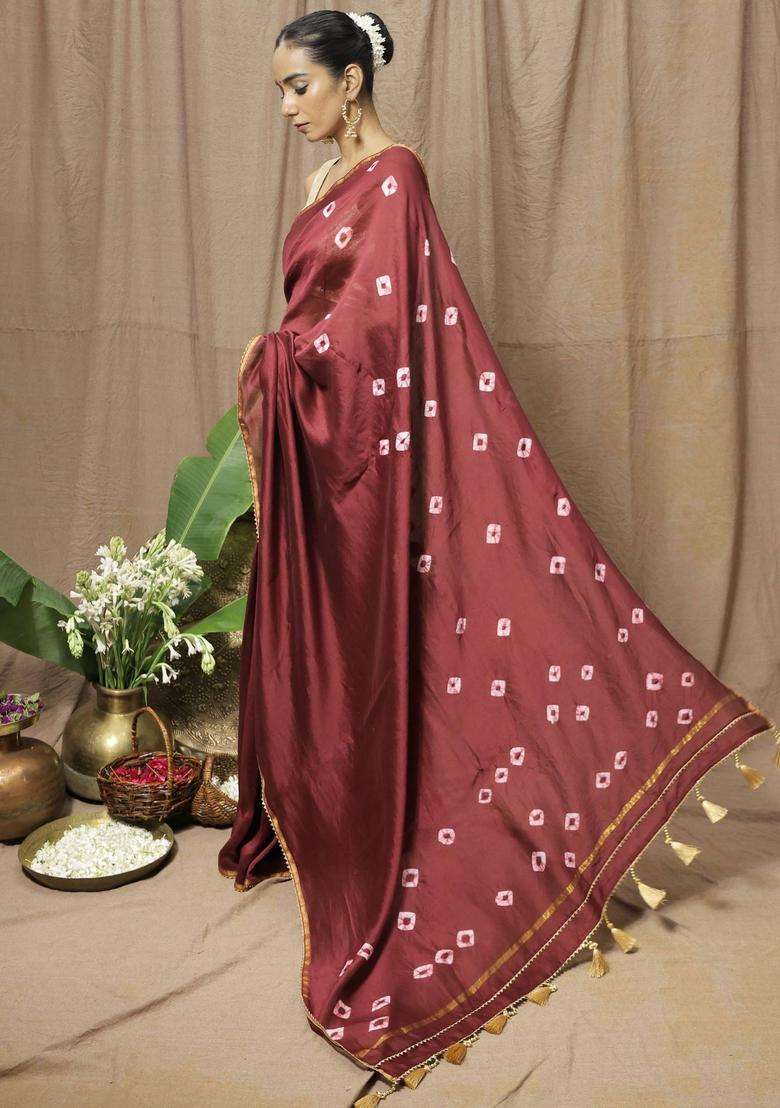 Maroon Chanderi Silk Printed Saree without Blouse for Women Festive Wear - Indya