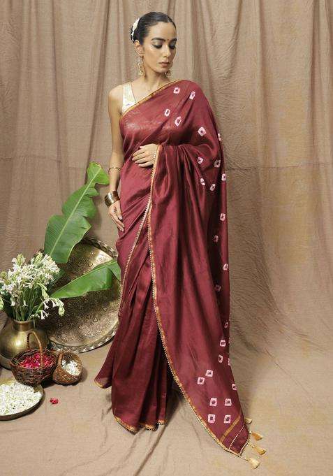 Maroon Chanderi Silk Printed Saree without Blouse for Women Festive Wear